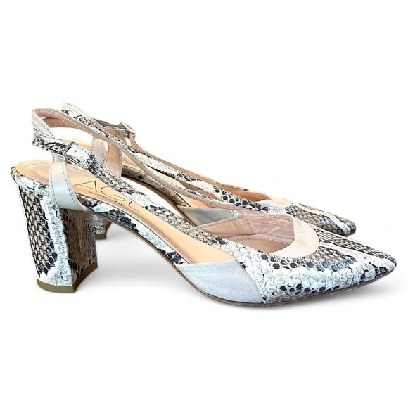 AGL Pumps 35.5 Slingback Block Heel Shoes Snake Skin Office Work Pointed Toe - Picture 2 of 11